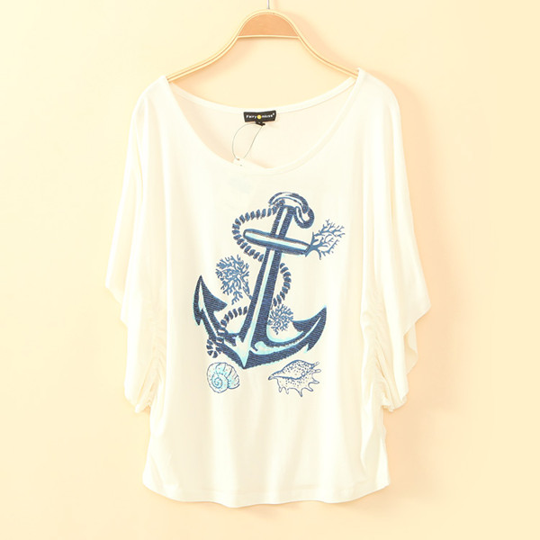 Blue Anchor Print T-shirt For Women